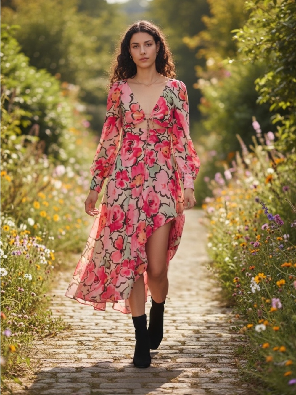 NWT For Love & Lemons Tiana Printed Flowy Ruffles Sheer Tie Front Midi Dres XS